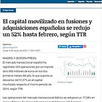 El capital movilizado en fusiones y adquisiciones espaolas se redujo un 52% hasta febrero, segn TTR